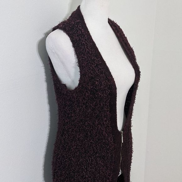 BCBGeneration Wine and Black Fuzzy Long Vest Size Small - Picture 4 of 10